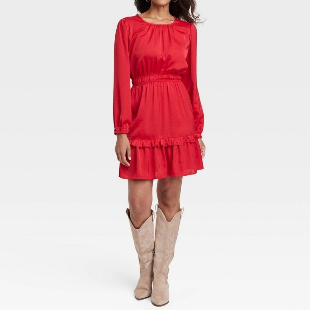 Knox Rose Long Sleeve‎ Ruffled Mini Satin Red Dress M